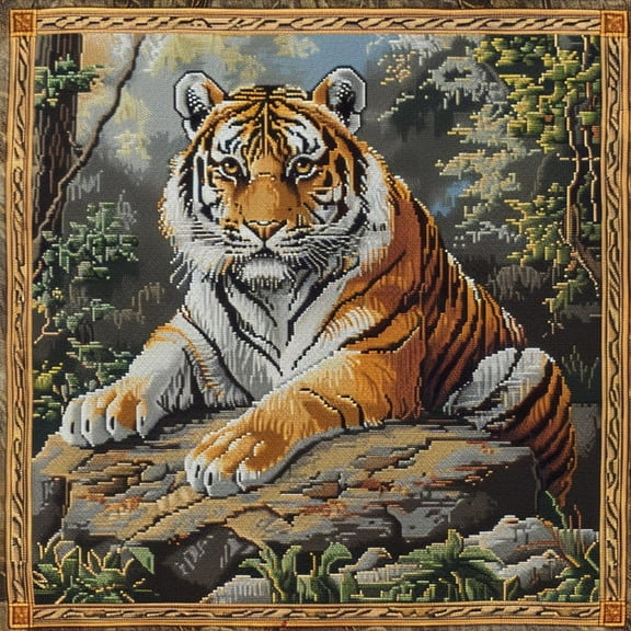 Animal Tiger on Rocks Rest DIY 11CT Stamped Cross Stitch Kits for Beginners Easy Needlepoint Embroidery Counted Cross Stitch Art Craft for Wall Decoration 14x14inch(3)