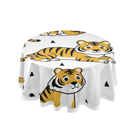 Animal Tigers Triangles Round Lace Tablecloth 60 Inch Polyester Wrinkle Resistant Decorative