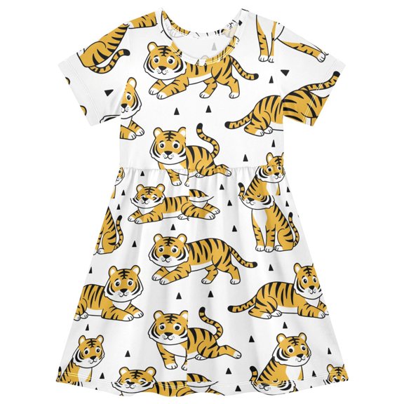 Animal Tigers Triangles Short Sleeve Dress A-Line Cute Midi Casual Sundress 2-8 Years