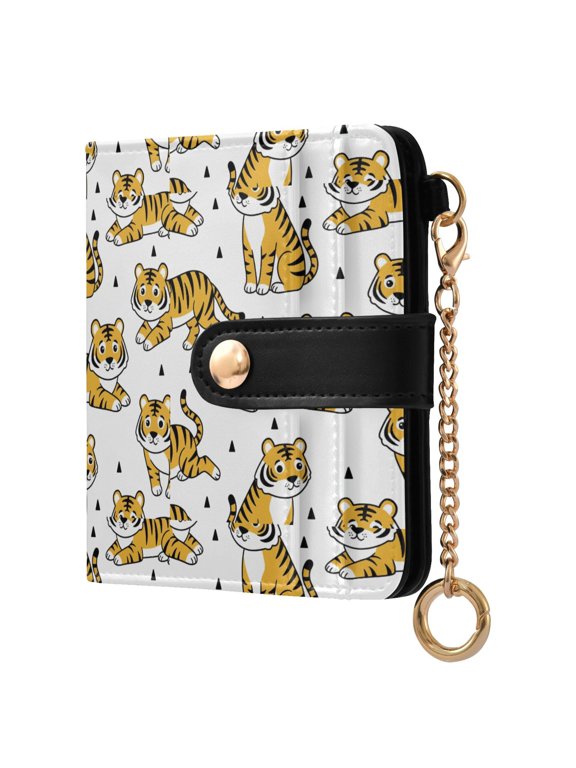 Animal Tigers Triangles Small Wallet for Women RFID Blocking Bifold PU Leather Credit Card Holder with Zipper Coin Pocket Compact Cute Travel Purse Magnetic Snap 7 Card Slots