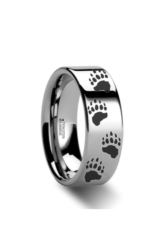 Animal Track Bear Paw Print Ring Engraved Flat Tungsten - 6mm - Size 9