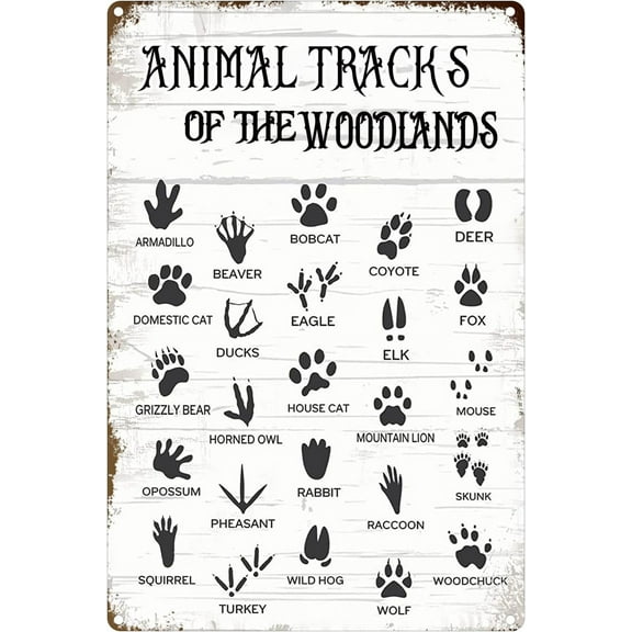 Animal Tracks Field Guide Metal Tin Sign Animal Tracks Wall Decor Country Woodland Theme House Decor Farmhouse Cabin Metal Signs for Baby Boys Home Bathroom Bedroom Rustic Decorations 8X12 Inches