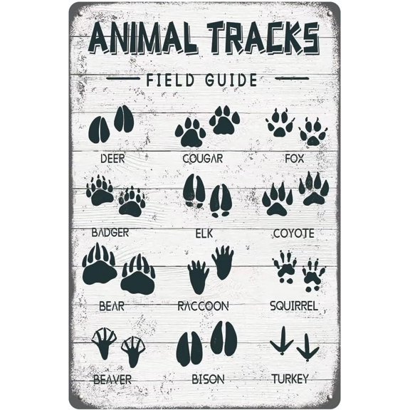 Animal Tracks Field Guide Metal Tin Sign - Wall Art, Log Cabin, Forest, Hunting, Boy Nursery, Farmhouse Home Rustic Decor - 8x12 Inch