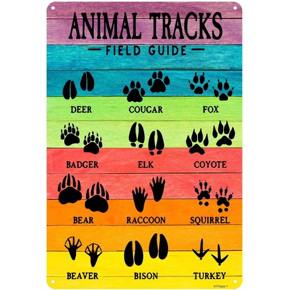 Animal Tracks Field Guide tin Sign Rustic Farmhouse Wall Art Decor Funny Metal Sign 8x12 inch