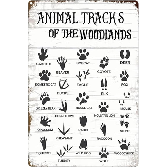 Animal Tracks Of The Woodlands Sign Metal Tin Signs, Field Guide Poster For Home Office Garages Cafes Bars Man Cave Wall Decor Plaque Sign 12x8 Inch