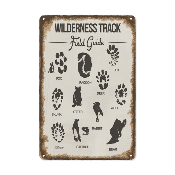 Animal Tracks Poster Woodland Animal Wilderness Paw Footprint Metal Tin Sign Cabin Lodge Forest Decor Perfect For Hanging In Garden Shed Rustic Vintage Finish Weatherproof Coating Gift For Hiker