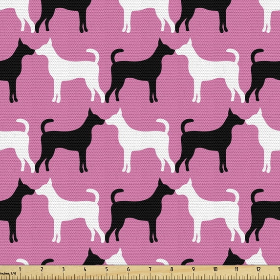 Ambesonne Animal Fabric by the Yard Upholstery, Romantic Couple Dogs Kissing, 1 Yard, Pink Charcoal Grey