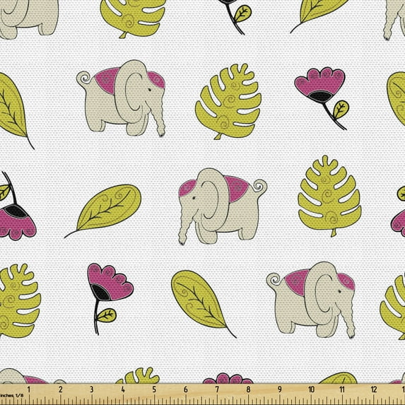 Animal Upholstery Fabric by the Yard, Tropical Jungle Animals Monstera Leaves and Flowers Cartoon, Decorative Fabric for DIY and Home Accents, Dusk Yellow Green Pink by Ambesonne