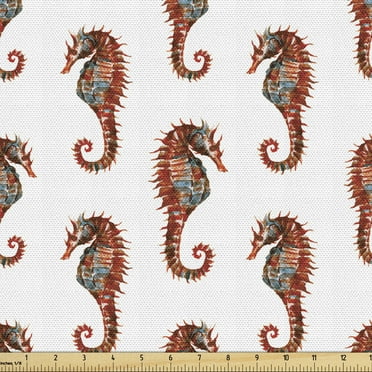 Ambesonne Seahorse Fabric by the Yard Upholstery, Pattern in Watercolors, 5 Yards, Grey and Red