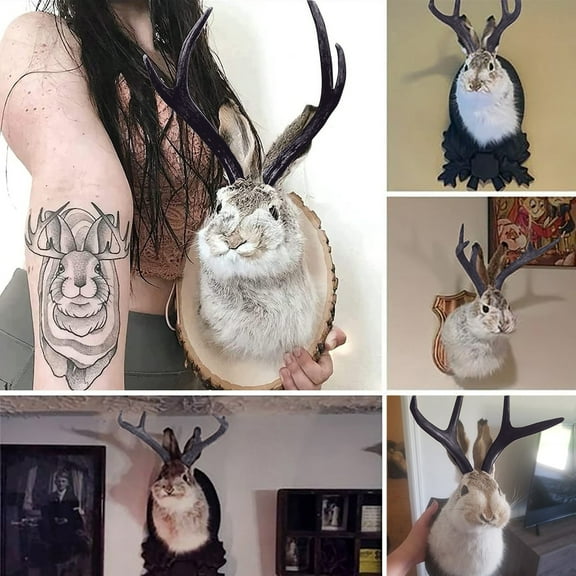 Animal Wall Art, Farmhouse Wall decor, 18 in Taxidermy Style Rabbit Mount, Hanging Wall decor, Farmhouse Living Room decor, Living Room Walls, Mixed Dark Light Faux Fur, 1 Pc