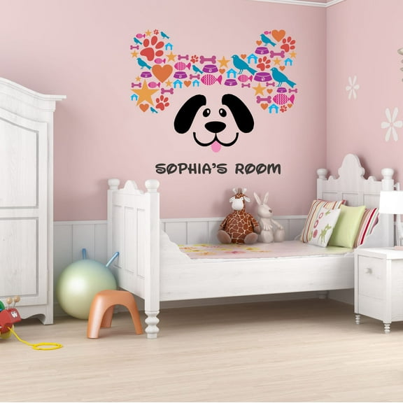 Animal Wall Decal Cute Dog Sticking Tonue Out with Bone Shape Background Bedroom Wall Decal for Girls Dog Cute Themed Room Décor - Size: 40 In x 36 In