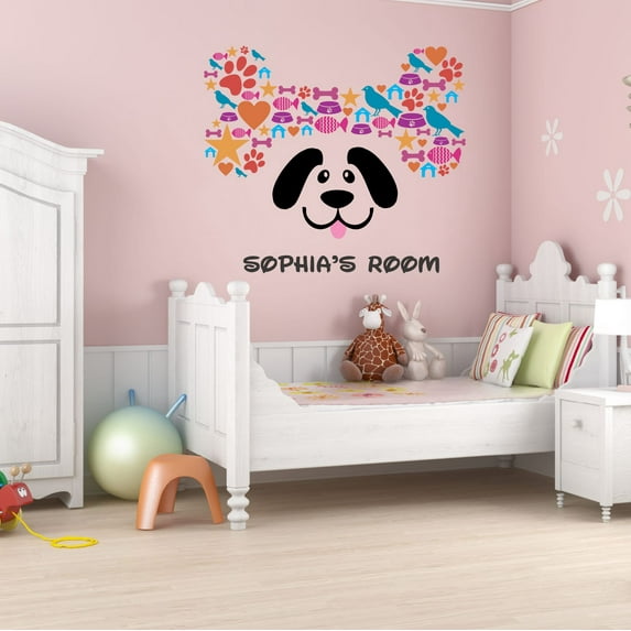 Animal Wall Decal Cute Dog Sticking Tonue Out with Bone Shape Background Bedroom Wall Decal for Girls Dog Cute Themed Room Décor - Size: 40 In x 36 In