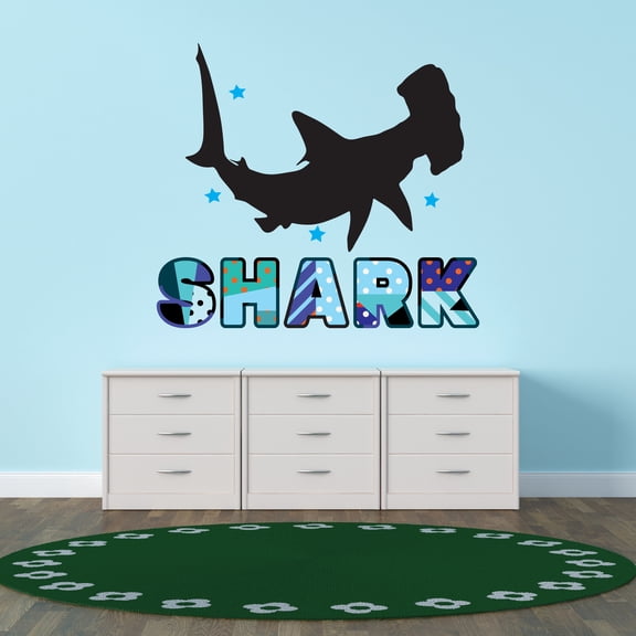 Animal Wall Decals for Boy's Bedroom - Hammerhead shark Sillhouette on white Background Wall Sticker Decal With Easy Installation Instructions Kid's Bedroom Decal Wall Sticker - Size: 30 In x 27 In