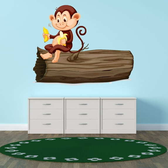 Animal Wall Decals for Care Taker Daycare - Monkey on a tree Stump Enjoying Banana Monkey DIY & Creativity Boy Girl Bedroom Wall Sticker - Size: 30 In x 24 In