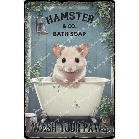 Animal Wall Decor - Retro Tin Sign, Funny Hamster Pattern - Bathroom Use, Vintage Style - Toilet Use, Wash Your Paws Poster, Hang or Stand On Desk, Housewarming Gift 5.5x8 Inches