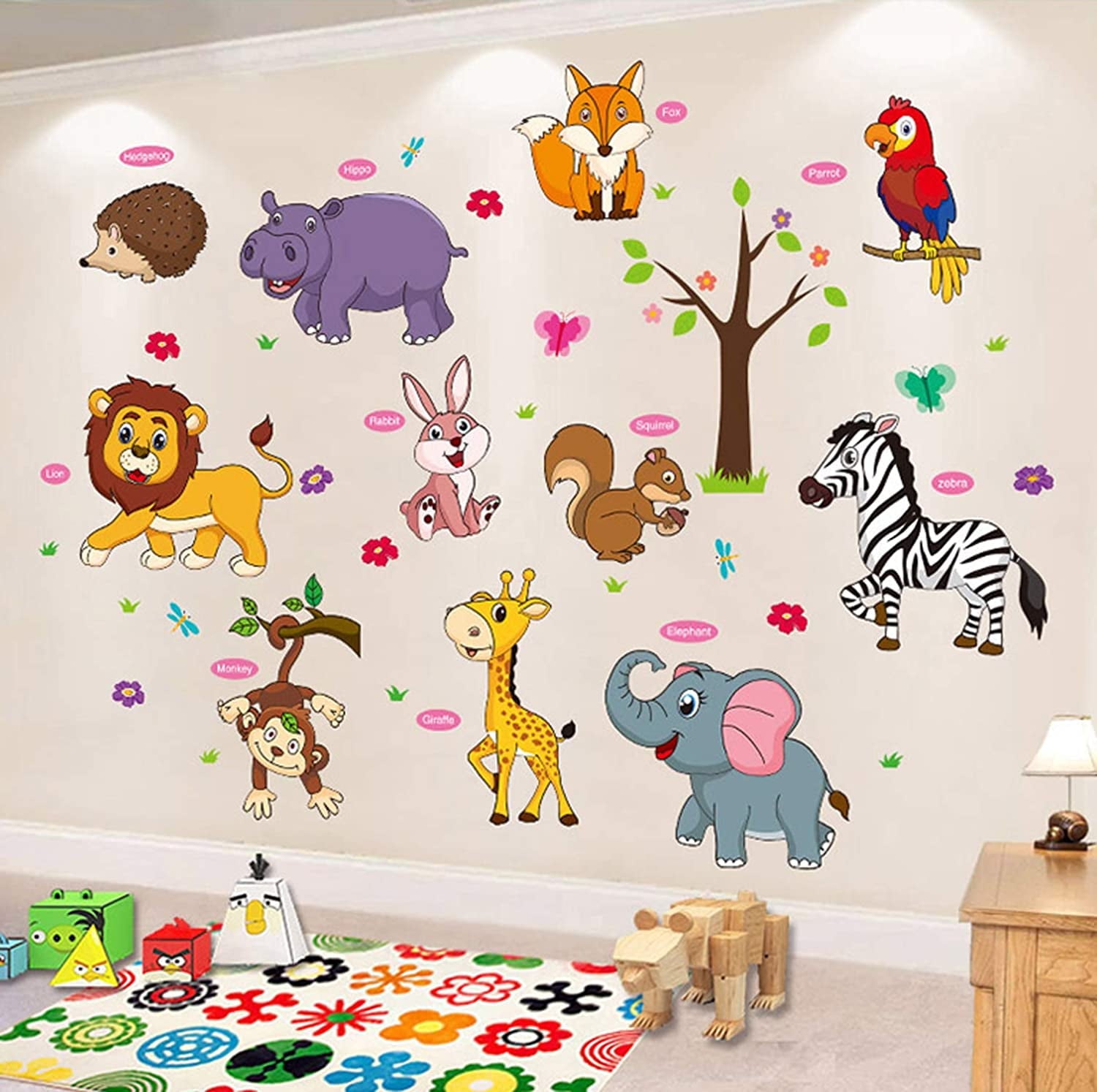 Animal Wall Sticker Cartoon Children DIY Art Decal Self-Adhesive Wallpaper Mural Decorate for Kids Room Nursery Living Room TV Sofa Background Bedroom