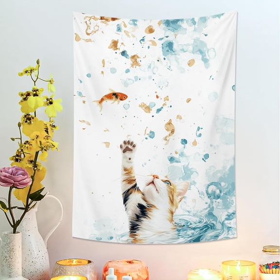 Animal Wall Tapestry Cat And Fish Watercolor Design 30x40 Inch Blue White Decorative Hanging For Bedroom Living Room Dorm