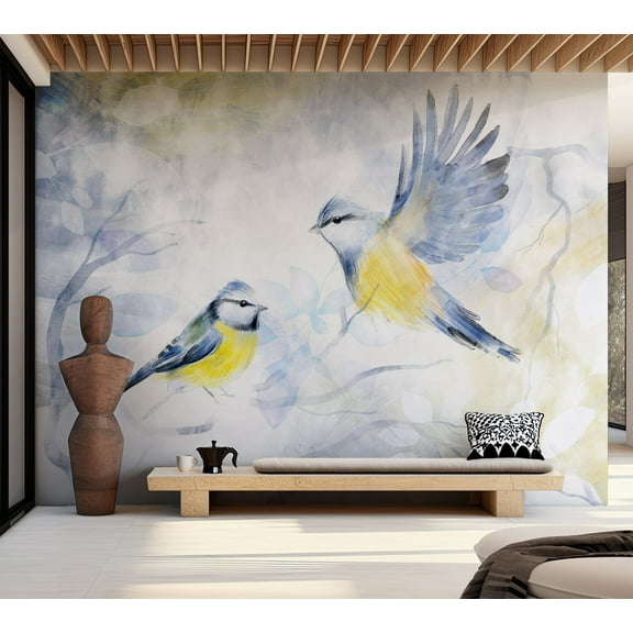 Animal Wallpaper Wall Mural - Watercolor Birds Blue