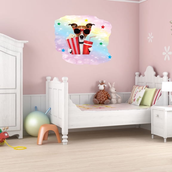 Animal Watercolor Wall Decals for Kids Room - Dog Pet 3D Glasses Popcorn & Soda Decal Pets DIY & Creativity Boy Girl Bedroom Wall Water Color Sticker - Size: 40 In x 36 In