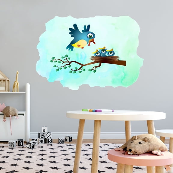 Animal Watercolor Wall Decals for Kids Room - Multicolored Bird Family Blue Background Outdoor Scene DIY & Creativity Boy Girl Bedroom Wall Water Color Sticker - Size: 10 In x 7 In