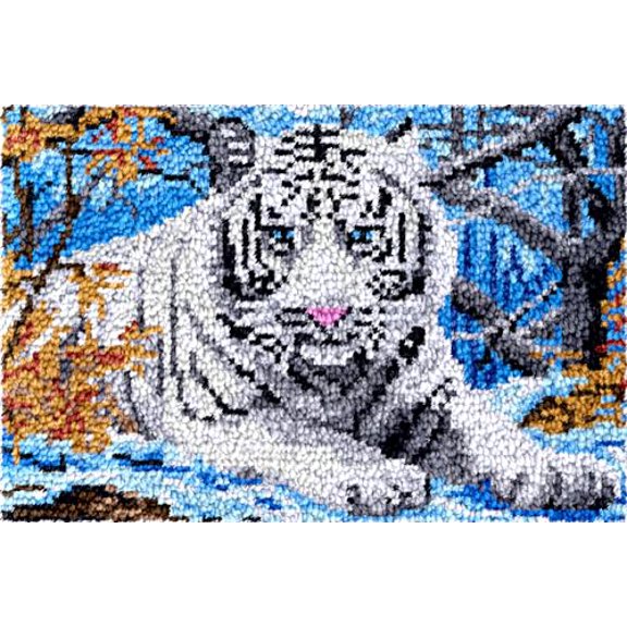 Animal White Tiger Latch Hook Rug Kit for Adults Easy Carpet Cushion with Printed Canvas Crochet Yarn Craft DIY Hooking Tapestry for Home Floor Decoration Pets Pads 60x40cm