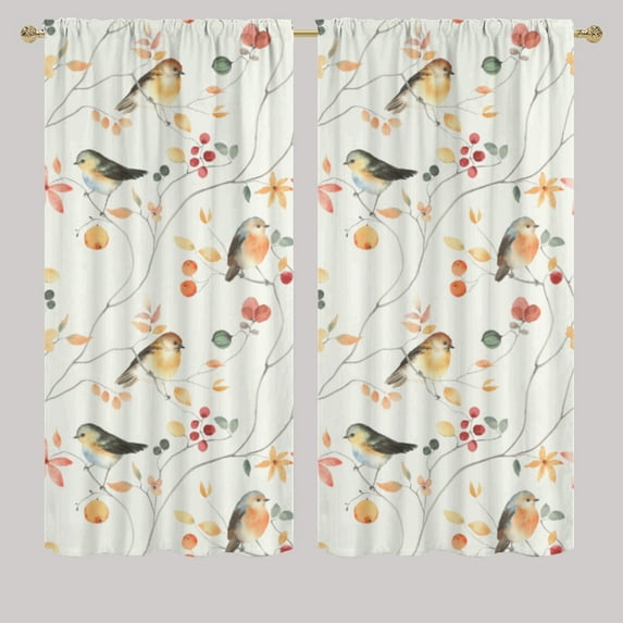 Animal Window Curtains for Bedroom Watercolor Birds on Tree with Yellow Leaves Rod Pocket Window Curtain for Bedroom or Living Room W63 x L63 Inch