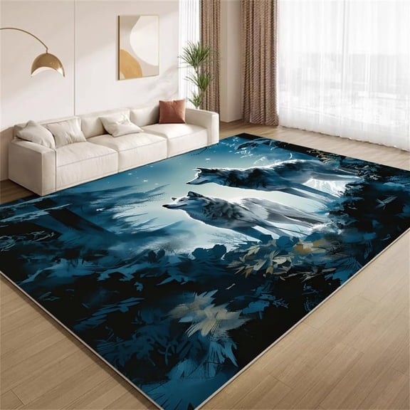 Animal Wolf Area Rugs, Howling Wolves Nature Carpet, Washable Non Slip Low Pile Soft Rug for Living Room Bedroom Entry Decor Mat 3ftx5ft