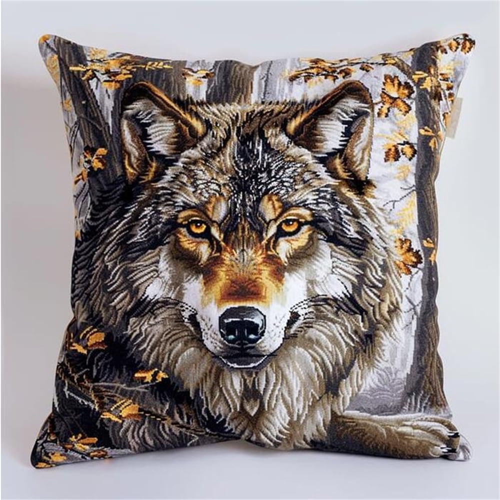 Animal Wolf DIY Printed Cross Stitch Pillow Kits,Forest Landscape Embroidery Kit for Adults 11CT Cross Stitch Kit Printed Canvas Needlework Decoration 17x17in