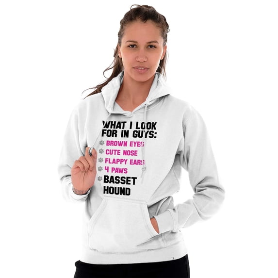 Animal Womens Hooded Pullover Sweatshirt What I Look For In Guys Basset Hound Dog Gift