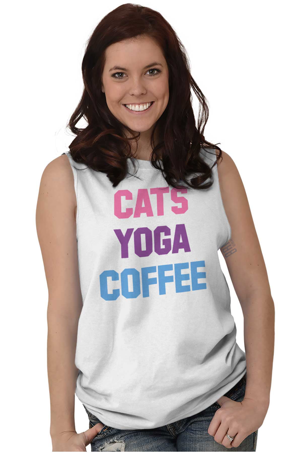 Animal Womens Muscle Tank Top T-Shirt Tee Cats Yoga Coffee Funny Feline  Crazy Cat Lady 
