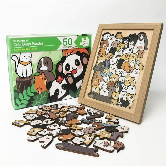 50-Piece Animal Wooden Jigsaw Puzzle with Photo Frame  Puzzle Educational Toys Birthday Gifts for Adults Kids Girlfriend-(Dog)