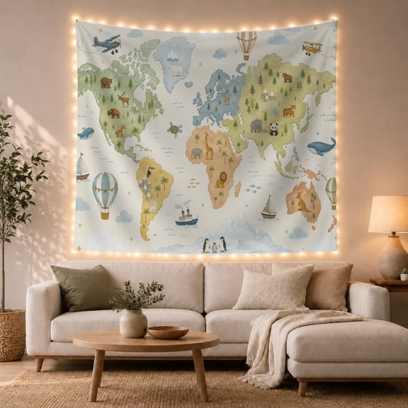 Animal World Map Among Balloons, Boats and Trees, Playful Illustration for Kids, Educational Wall Art, Back to School Gift, Tapestry Wall Hanging for Bedroom and Study Room
