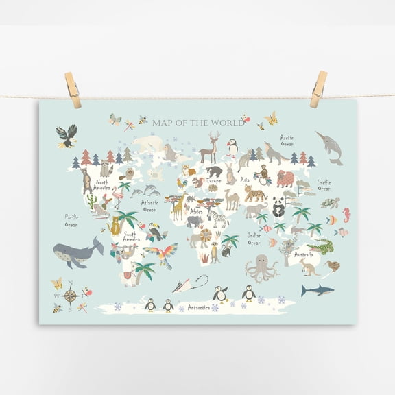 Animal World Map, Childrens Map Print, Unframed Paper Poster 8x10in