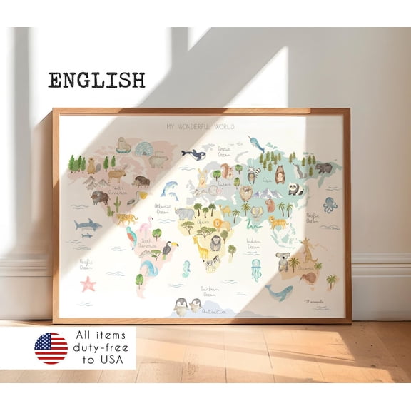 Animal World Map, Educational Nursery Wall Art, Unframed Paper Poster 8x10in