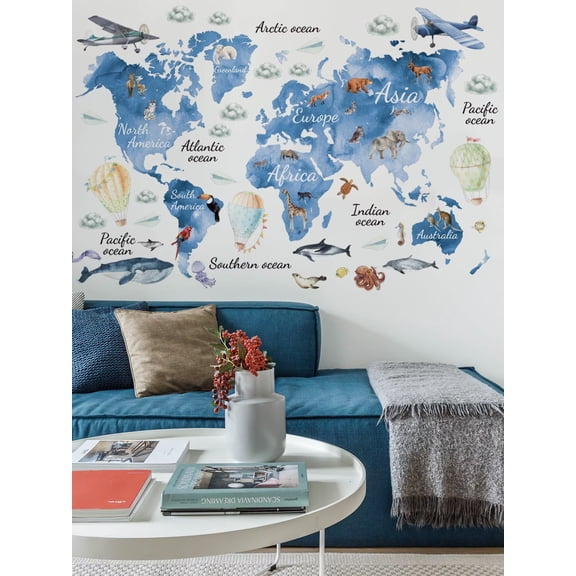 Animal World Map Educational Wall Decals - Peel & Stick Removable Wall Stickers for Kids Room, Nursery, Bedroom, Fun Learning Decor for Toddlers & Children.