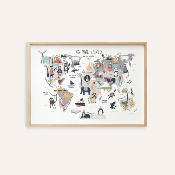 Animal World Map For Colorful Nursery And Playroom Art Unframed Paper Print