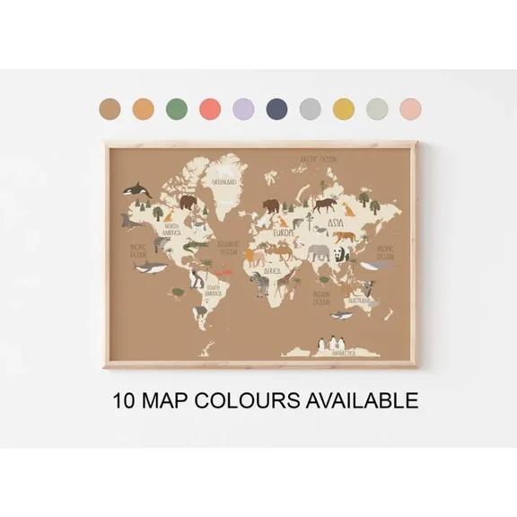 Animal World Map For Kids Room And Nursery - 10 Colours Available