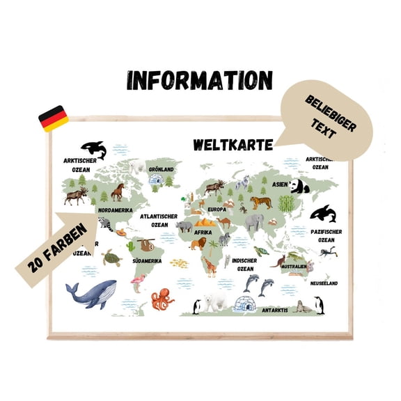 Animal World Map - German Nursery Decor, Educational Poster, Unframed Canvas Size 12x18