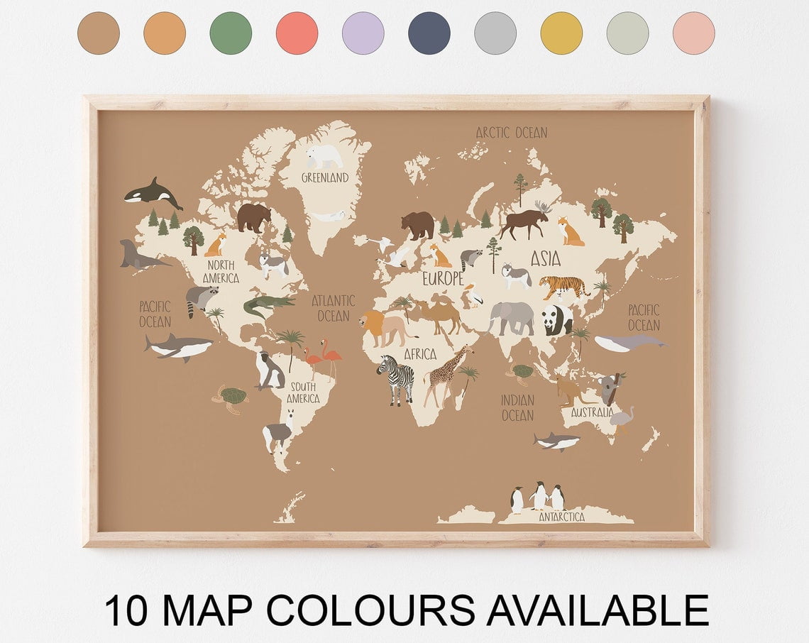 Animal World Map For Kids Room And Nursery - 10 Colours Available ...