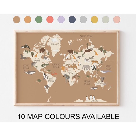 Animal World Map For Kids Room And Nursery - 10 Colours Available ...