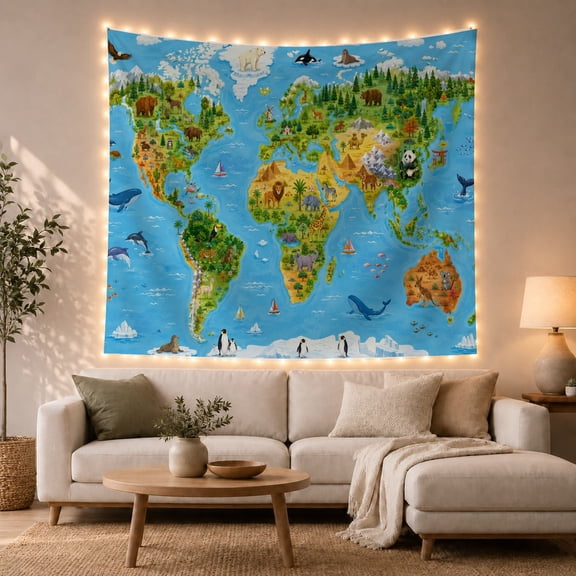 Animal World Map with Landmarks and Blue Oceans, Cheerful Illustration for Kids, Educational Wall Decor, Back to School Gift, Tapestry Wall Hanging for Classroom and Playroom