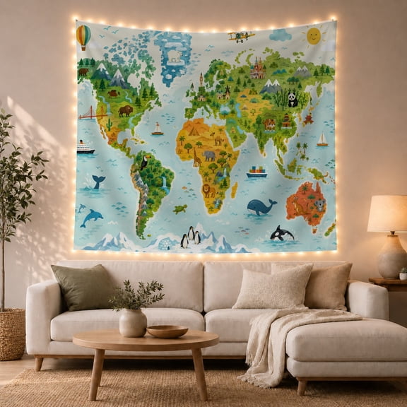 Animal World Map with Landmarks and Boats Playful Watercolor Art for Geography Lovers Classroom Decor Back to School Gift Tapestry Wall Hanging for Bedroom, Classroom and Dorm