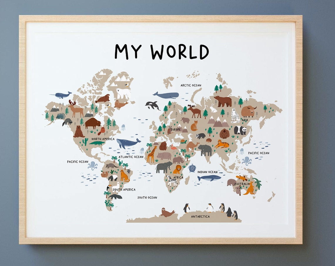 Animal World Map, Neutral, Childrens Map, Map Of The World, Nursery ...