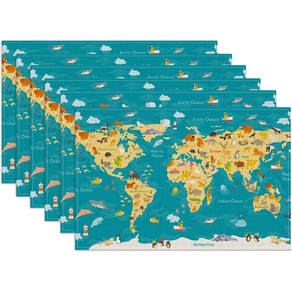 Animal World Map Placemats Set of 6, Washable Heat Resistant Table Mat Linen Place Mats for Party Kitchen Dining Home Decor 12x18 Inch