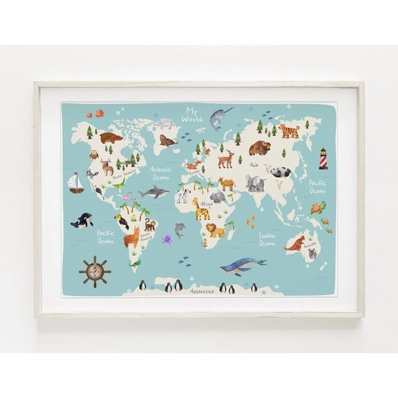 Animal World Map Print, Map Wall Art, Educational Print, Baby Decor, Nursery Map, Nursery Room, Children'S Room Decor, Playroom Print Home Decor #1842, Unframed Poster Size 8x12