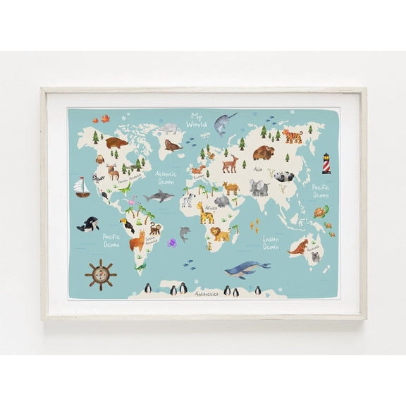 Animal World Map Print, Map Wall Art, Educational Print, Baby Decor, Nursery Map, Nursery Room Home Decor #1813, Unframed Poster Size 8x12