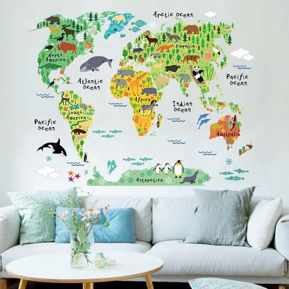 Animal World Map Removable Decal, Art Mural Home Decor Wall Stickers, Educational Kids Room Decoration, Design 037
