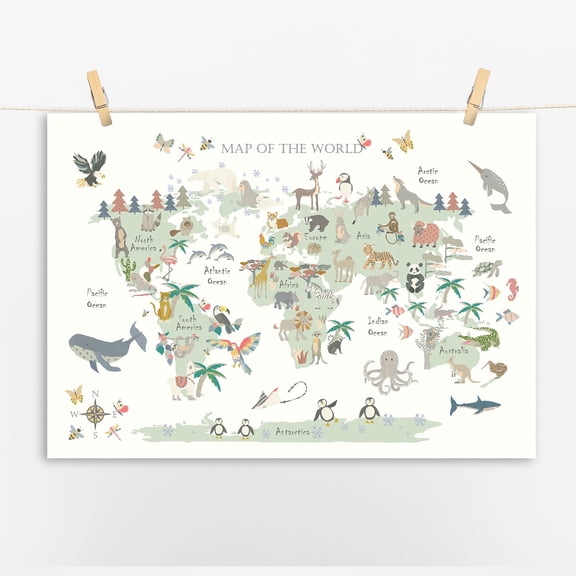 Animal World Map, Safari Map Playroom Print, Unframed Paper Poster 8x10in