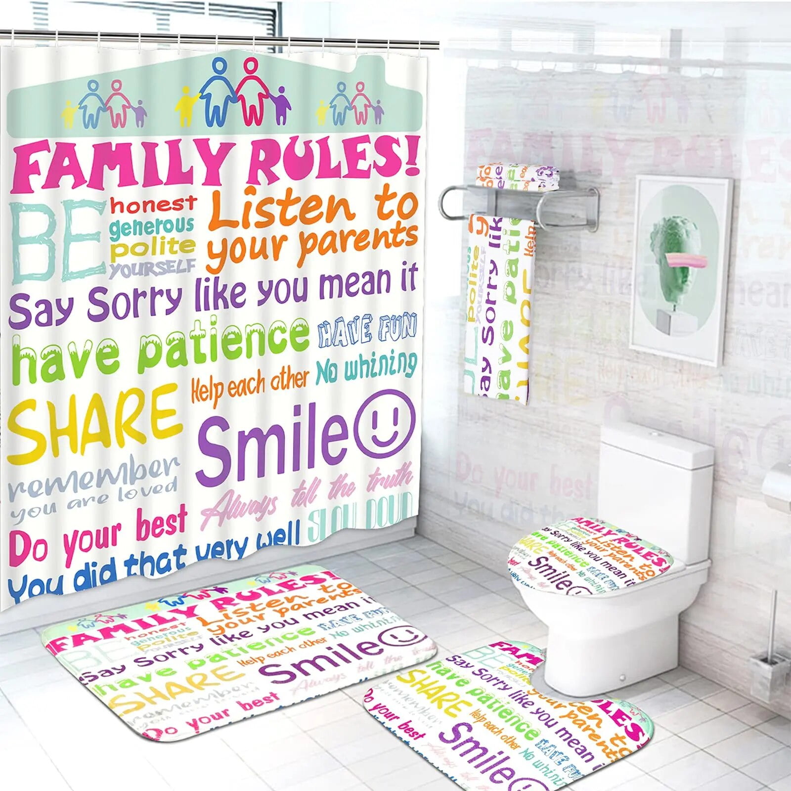 Animal World Map Shower Curtain Set with NonSlip Rugs Toilet Lid Cover