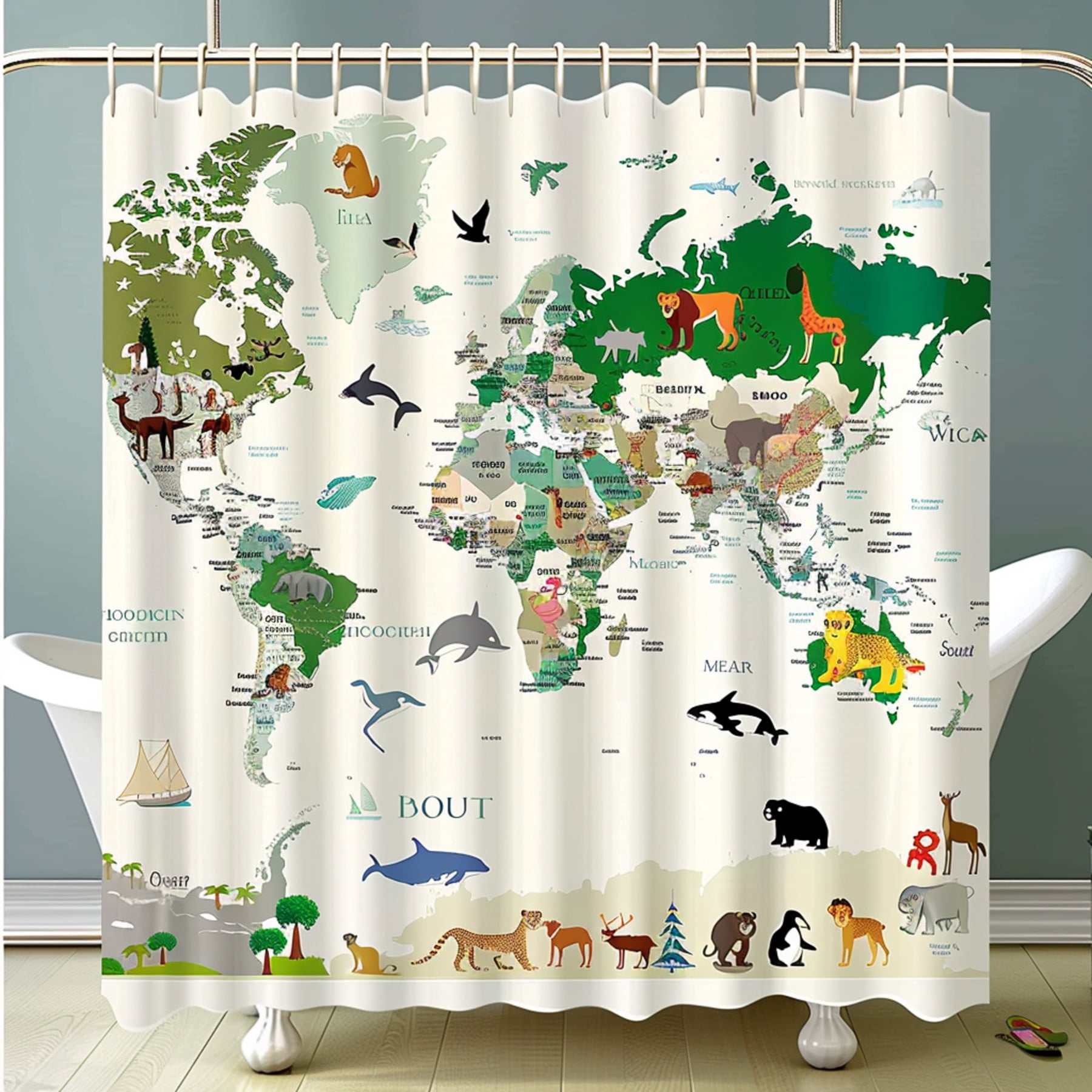 Animal World Map Shower Curtain for Kids Bathroom Decor Green and White ...